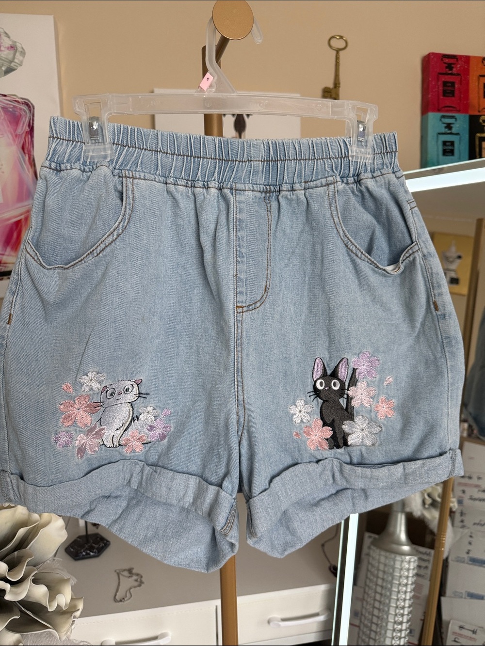 Her Universe Light Blue Denim Shorts with Embroidered Black and Gray Kittens